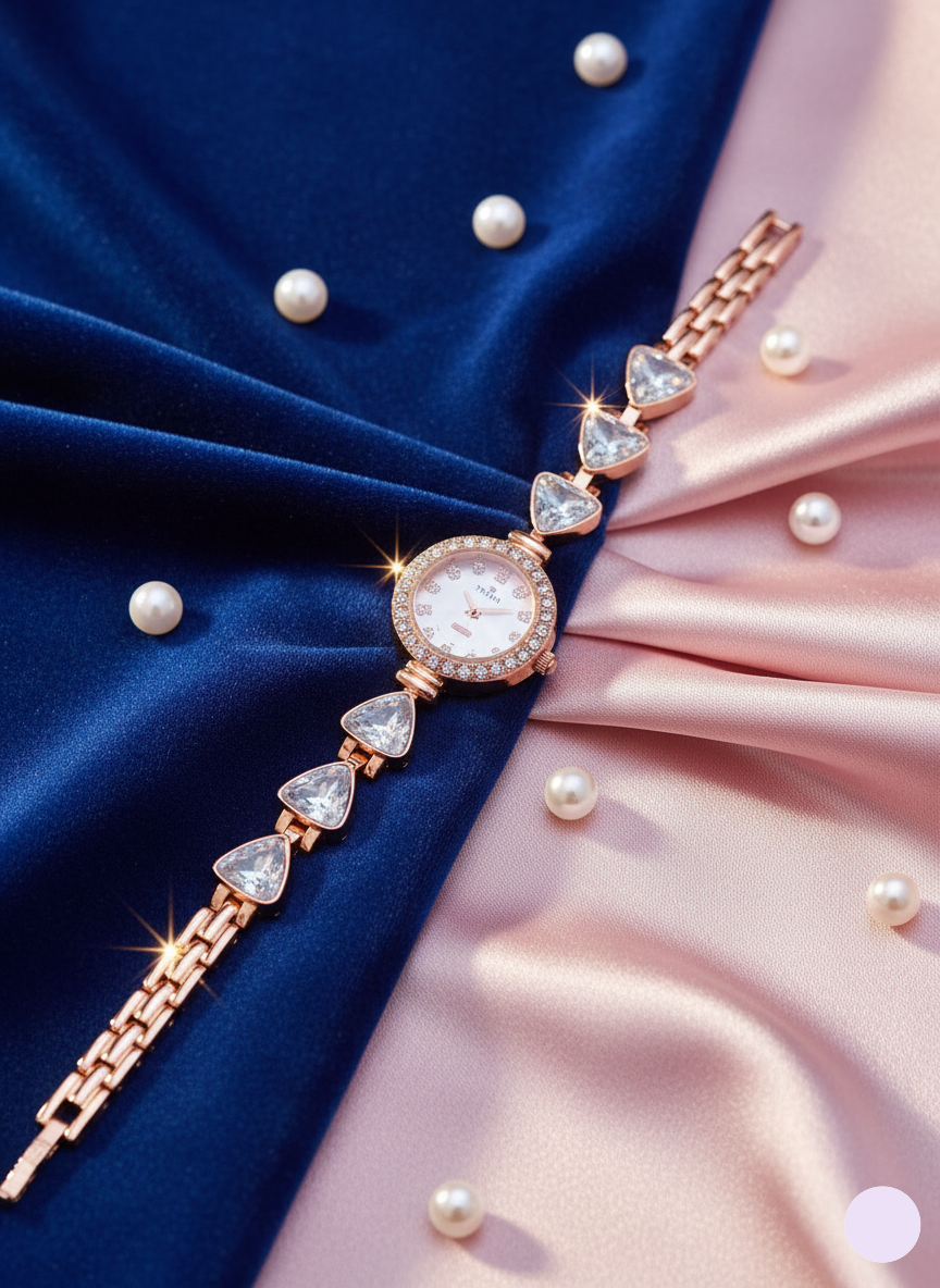 Rose gold bracelet with heart-shaped crystals on a pink and blue fabric background