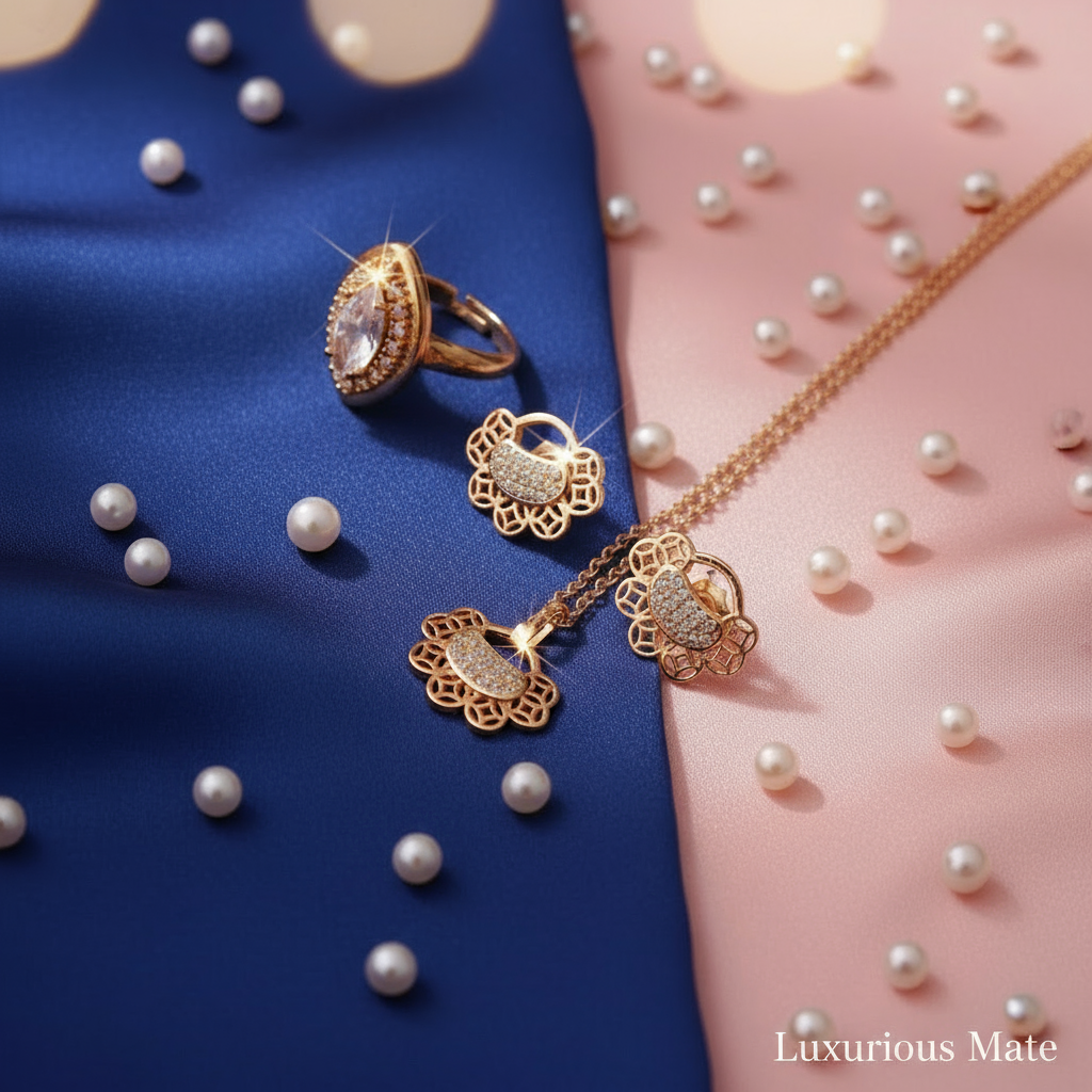 Gold jewelry set with ring, earrings, and necklace on a blue and pink background with pearls.