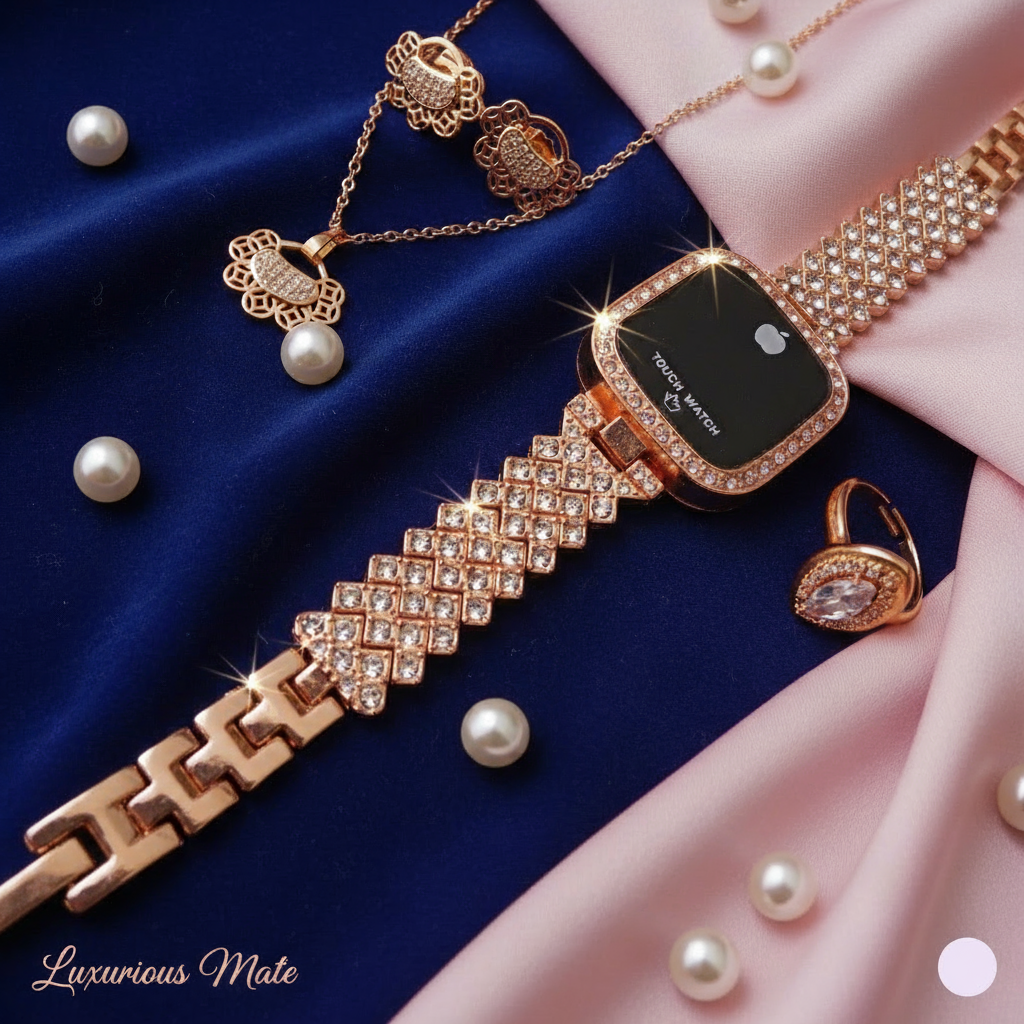 Rose gold smartwatch with diamond-encrusted band, necklace, earrings, and ring on a blue and pink fabric background.