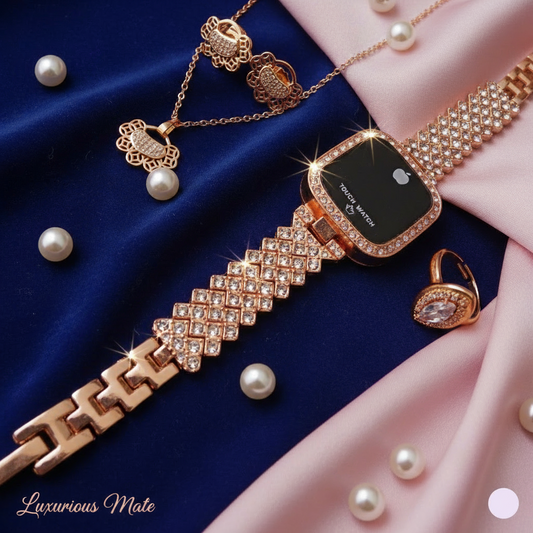 Rose gold smartwatch with diamond-encrusted band, necklace, earrings, and ring on a blue and pink fabric background.