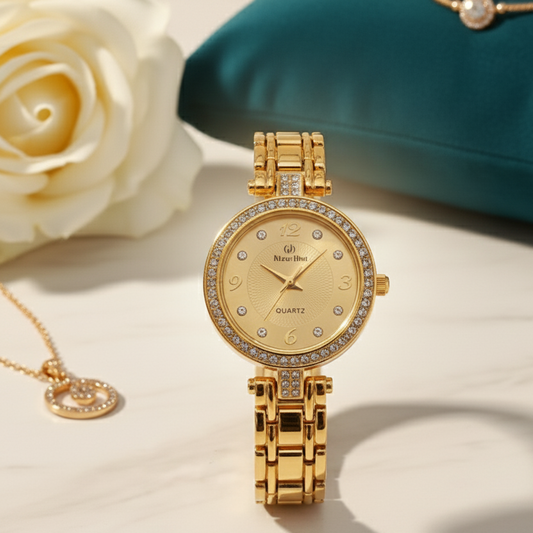 Gold watch with diamond accents on a light surface with a rose and necklace in the background