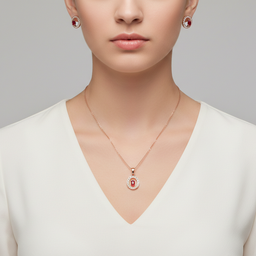 Necklace and earrings with red gemstones on a neutral background