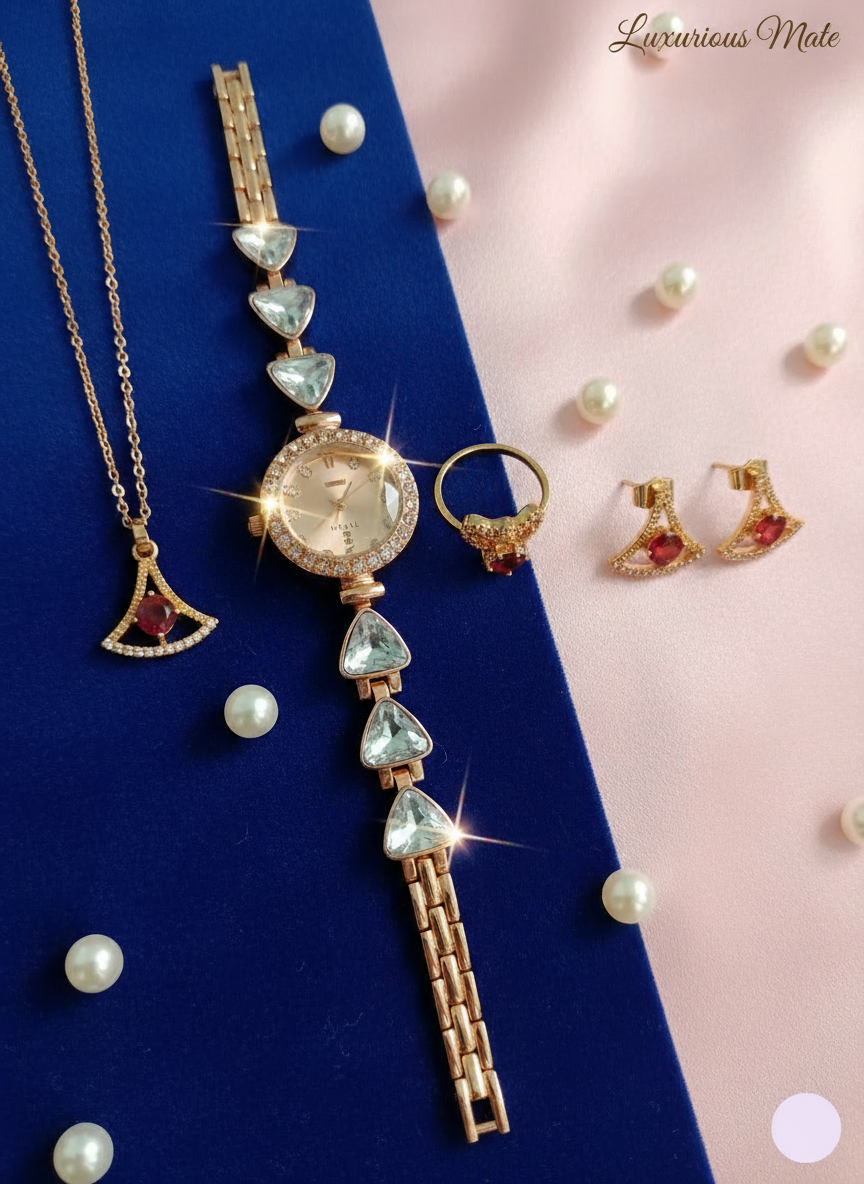 Gold jewelry set with necklace, ring, and earrings on a blue and pink background.