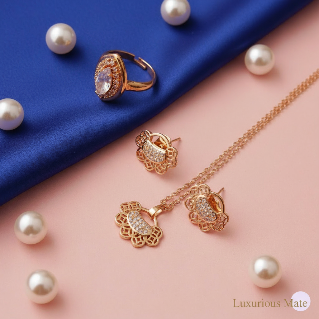 Rose gold jewelry set with necklace, earrings, and ring on a pink and blue background with pearls.