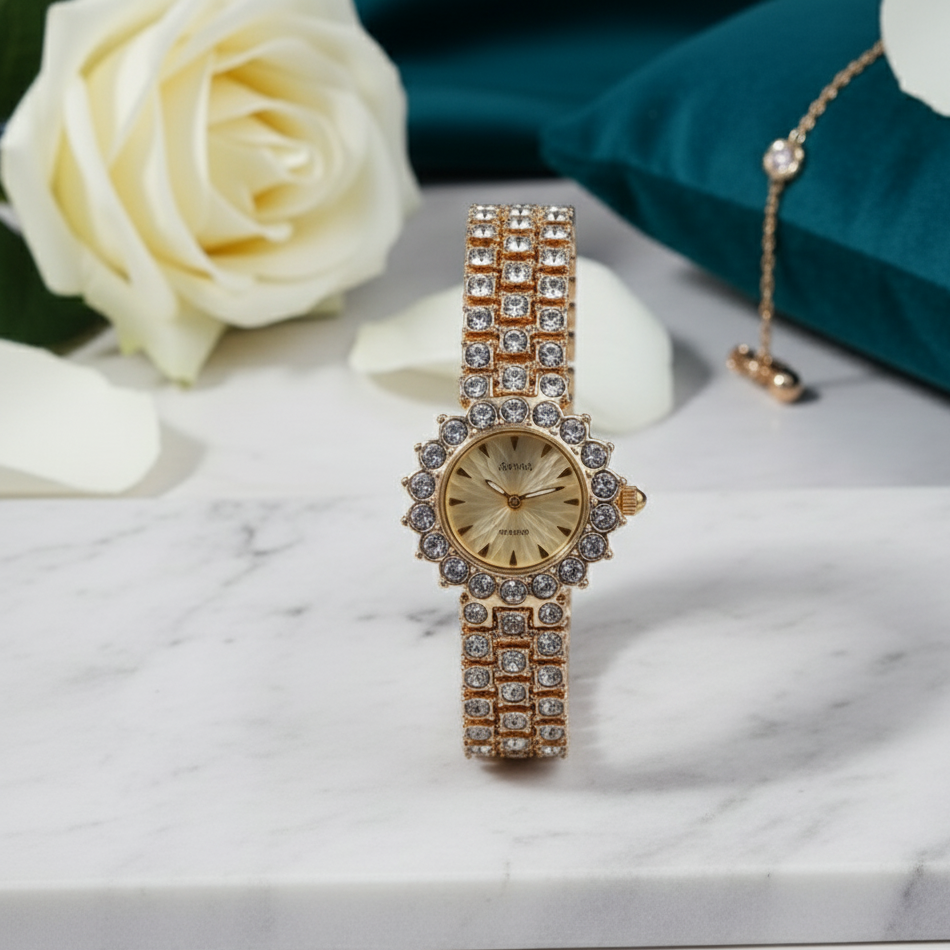 Gold watch with diamond accents on a marble surface with white roses.
