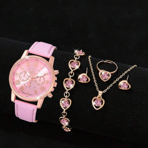 Elegant Women’s Jewelry & Watch Gift Set – pink Crystal Collection